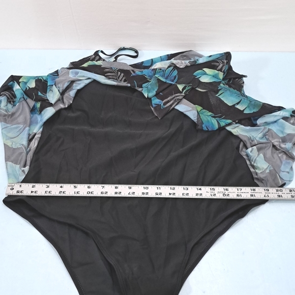 2XL ruffled mesh overlay one piece. NWT. Black green & blue. - Picture 3 of 7